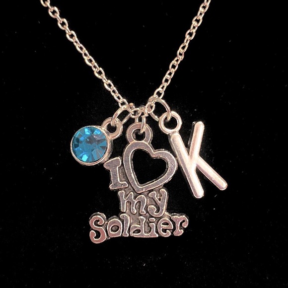 I Love My Soldier Necklace Silver Tone Personalized Initial Birthstone A… - Picture 2 of 5